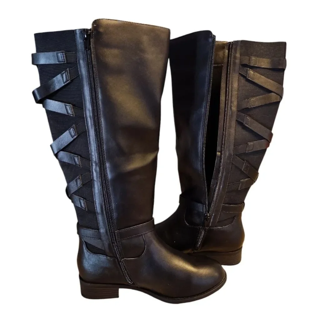Thalia Sodi Veronika Black Knee High Wide Calf Boots 7WIDE NWOT Back Lace Up